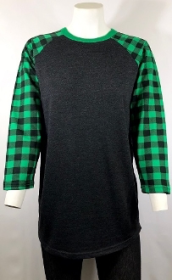 Raglan Shirts Charcoal Body Plaid Green Sleeves