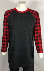 Raglan Shirts Charcoal Body Plaid Red Sleeves