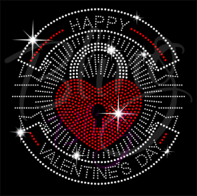 Happy Valentines Day Heart Lock Rhinestone Transfer Hot Fix Bling Iron On Wholesale RT-2947
