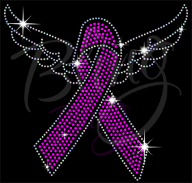 Pink Ribbon Outlined Wings Breast Cancer Rhinestone Transfer Hot Fix Bling iron On RT-3007